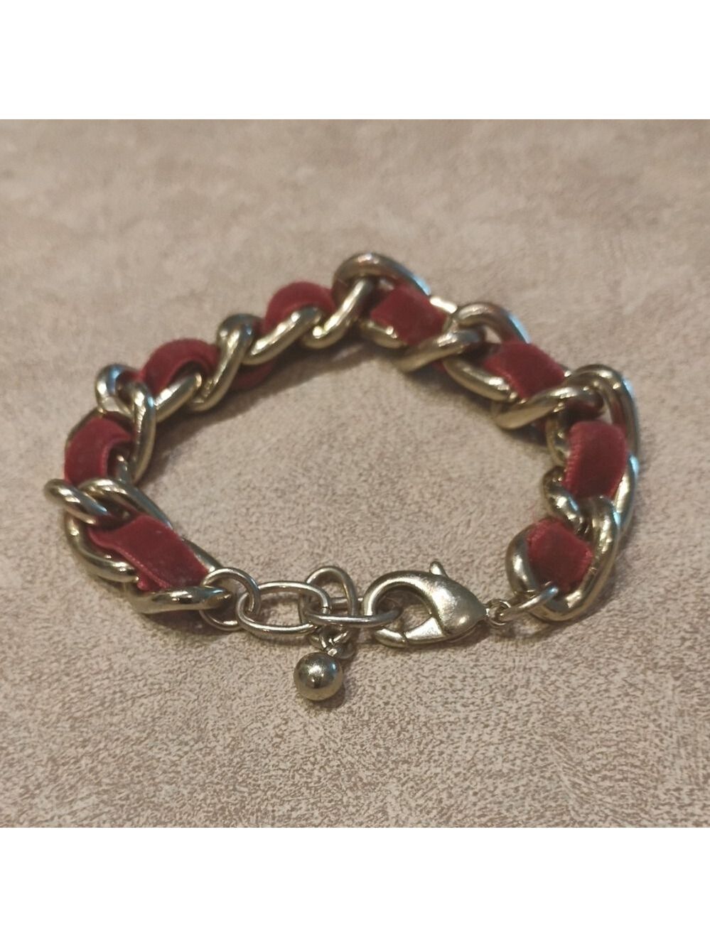Designer Inspired Silver-tone chunky chain bracelet Threaded red velvet Bracelet